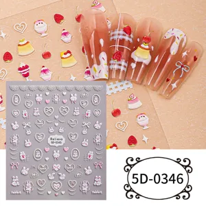 5D embossed nail art stickers cute DIY rabbit strawberry bow cute manicure decals design