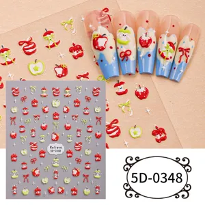 5D embossed apple bow nail art stickers DIY cute fresh manicure decals for summer nails.