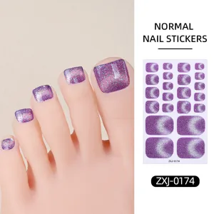 Detail view of purple glitter cat-eye toenail stickers showcasing sparkle, texture and perfect fit.