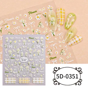 5D embossed nail stickers featuring cute daisy flowers and bows, perfect for DIY summer nail art designs.
