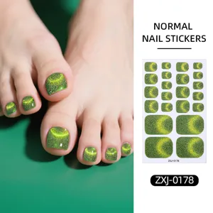 Green cat eye toenail stickers waterproof glitter toe nail art wraps for women pedicure