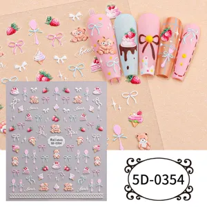 5D embossed nail art stickers cute bear strawberry bow design DIY manicure decals set