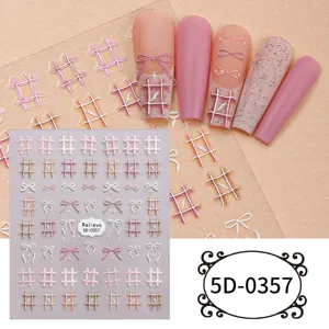 Detailed view of 5D embossed nail stickers featuring cute bows and grid patterns for DIY art.