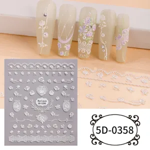 5D relief nail art stickers featuring delicate lace and rose patterns for DIY manicures.