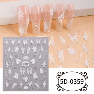 5D embossed white butterfly flower nail stickers DIY art decals for summer manicure