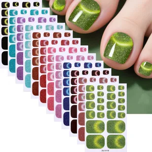 Cat eye glitter toenail stickers waterproof press on toe nails simple sparkle nail art wraps set