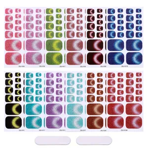 Colorful cat eye toe nail stickers set with gradient glitter finish and mini files.