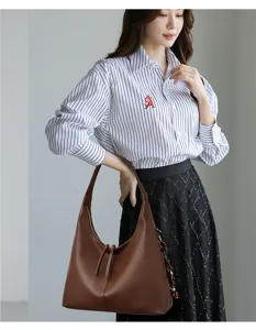 Brown genuine leather shoulder bag, casual slouchy tote handbag for women commute.