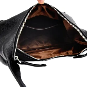 Black leather hobo underarm bag interior view, spacious bucket tote purse for women