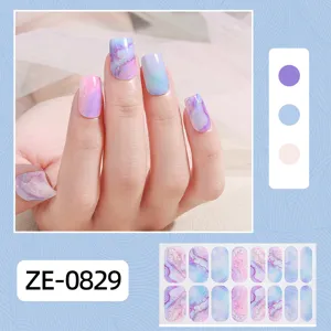 Detailed close-up view of purple pink gradient marble nail wraps, 16 pieces DIY sticker.