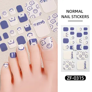 Summer cute cartoon bear toe nail stickers blue white full cover press on nails