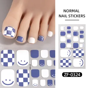 Summer blue white checkerboard smile foot nail stickers cute toe art decals for women