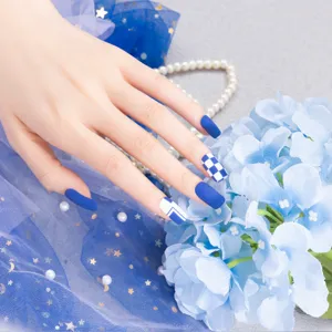 Unghie finte blu opaco con eleganti motivi a scacchi e righe da donna vista principale.