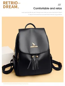 Classic black leather backpack with stylish tassels and metal chain, perfect for daily wear.