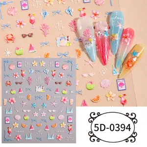 5D embossed summer nail art stickers featuring cute shells starfish and tropical drink designs.
