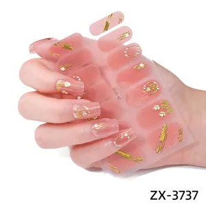Korean style pink gel nail wraps with gold lines and rhinestones, easy waterproof full coverage.