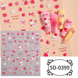 Details of 5D embossed nail stickers featuring cute cartoon bear and bow designs for DIY art.