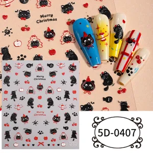 5D embossed nail stickers cute black cat Christmas design DIY nail art accessories