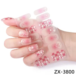 Pink grid heart nail wraps detail, cute ins style full cover adhesive nail stickers for girls.