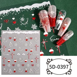 5D embossed Christmas nail art stickers with cute bows and snowflakes design for DIY.