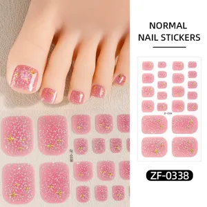 Pink glitter toe nail stickers with gold star details, cute waterproof fake toenail wraps.