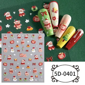 5D embossed Christmas nail art stickers featuring cute bears, snowmen, and bows for DIY nails.