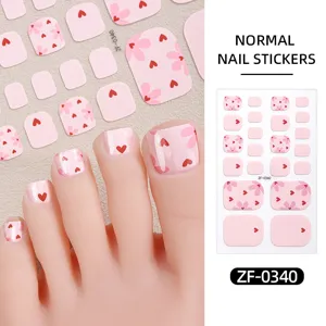 Pink floral toe nail stickers cute heart pedicure wraps waterproof fake nails for women