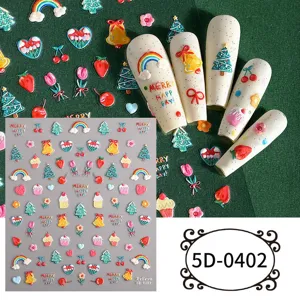 5D embossed nail art stickers DIY cute cartoon bow strawberry nail decals for manicure designs.