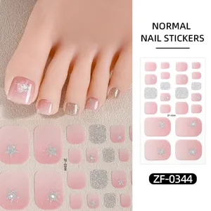 Pink gradient star toe nail stickers, shiny glitter waterproof false toe nails for women.