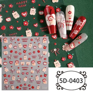 5D embossed nail art stickers with cute cartoon bears, bows, flowers, and festive holiday designs.