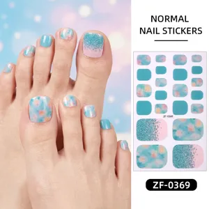 Cute blue pink floral glitter toe nail stickers waterproof fake nails for women and girls.
