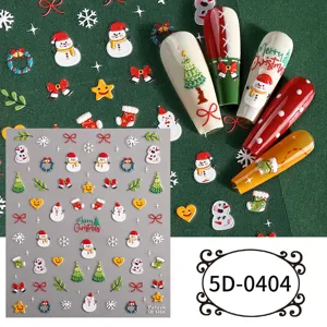 5D embossed Christmas nail stickers featuring cute snowmen, bows, and trees for festive DIY nail art.