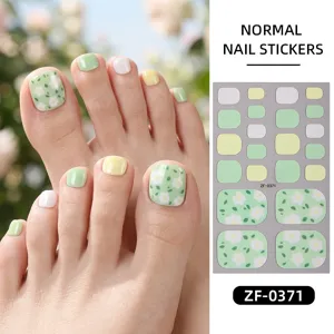 Green floral toe nail stickers set featuring cute daisy patterns for a fresh summer pedicure look.