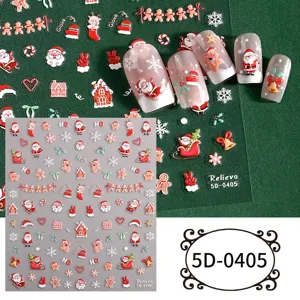 Christmas 5D embossed nail stickers DIY cute Santa gingerbread snowflake nail art decors