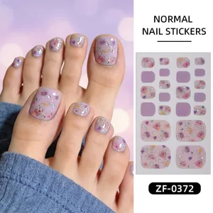 Pink floral toe nail stickers, cute glitter waterproof nail polish wraps for charming feet.