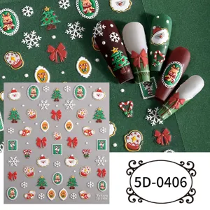 5D embossed Christmas nail art stickers DIY cute cartoon bear snowflake bow nail decals
