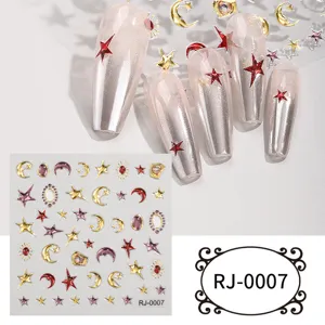 5D embossed nail stickers featuring gold stars, moons, and crystal gems for DIY nail art design.