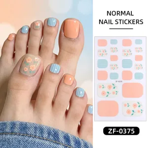 Cute floral toe nail wraps stickers waterproof pink and blue striped fake toenails decors