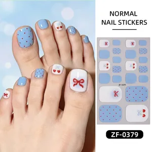Blue polka dot cherry bow toe nail stickers cute summer waterproof pedicure decals for women.