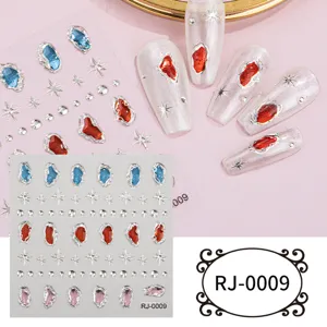 5D relief gemstone nail art stickers with metallic gold stars and colorful crystal rhinestones.