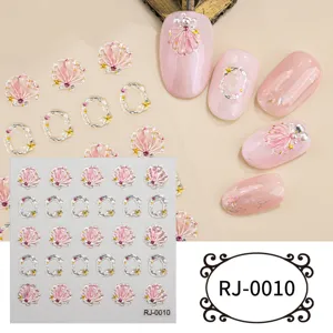 5D embossed shell gem nail art stickers, DIY sparkly gold foil crystal manicure decals.