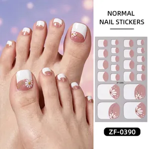 Pink floral toe nail stickers wrap with cute white french design for women waterproof.