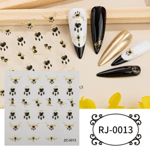 Gothic black gold heart 5D relief nail art stickers detail view, stylish DIY foil manicure decors.