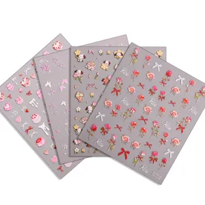 5D Embossed Nail Art Stickers Cute Bowknot Cartoon Bear Flower Adhesive Nail Decals DIY Manicure Decorations