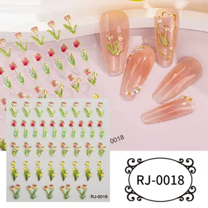 5D embossed tulip nail art stickers gold foil DIY crystal gemstone manicure detail view