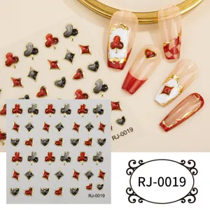 5D embossed gel glitter gold foil nail art stickers DIY crystal gem poker design detail view