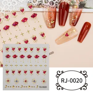 5D embossed gold foil nail stickers with red crystal heart and star designs for DIY manicure.