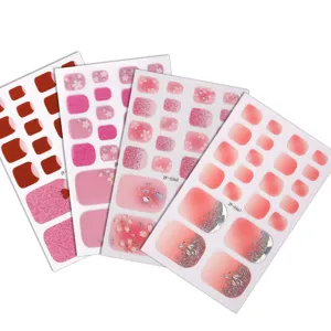 Cute Pink Floral Love Toe Nail Wraps Waterproof Glitter Gel Toenail Strips Bare Piece With Nail File Art Stickers