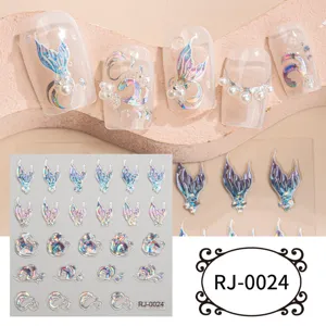 5D embossed mermaid tail nail sticker detail, crystal gemstone bling manicure design.