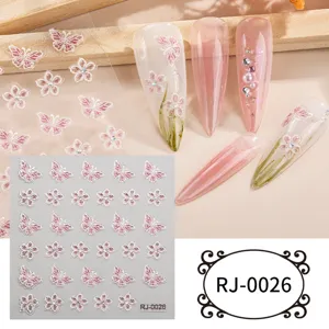 5D embossed nail art stickers butterfly cherry blossom crystal gem DIY fake nail decals detail view